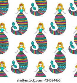 Vector seamless pattern with hand drawn doodle mermaid. Cute background for children. Bright color - pink, yellow, green, on white backdrop.