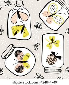 Vector seamless pattern with hand drawn flowers and butterflies in bottles. Floral background in freehand hipster style. Ornamental decorative illustration for fabric, wallpaper and wrapping paper.