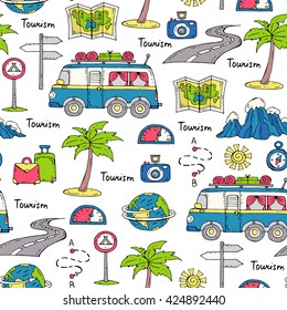 Vector seamless pattern with hand drawn colored symbols of car travel.  Pattern on the theme of tourism.  Background for use in design, packing, web site, fabric