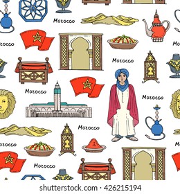 Vector seamless pattern with hand drawn colored symbols of Morocco.  Pattern on the theme of travel and tourism.  Background for use in design, packing, web site, fabric