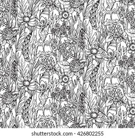 Vector seamless pattern with hand drawn herbs and flowers on white background.