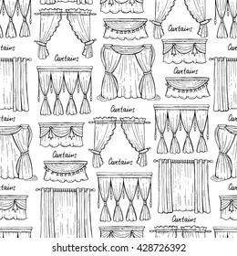 Vector seamless pattern with hand drawn isolated curtains on white color. Pattern on the theme of interior and decoration.  Background for use in design