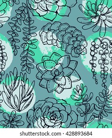 Vector seamless pattern with hand drawn succulent plants on watercolor background