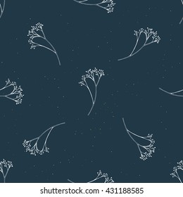 Vector seamless pattern with hand drawn branch elements. Botanical background in dark blue color and gold dots.