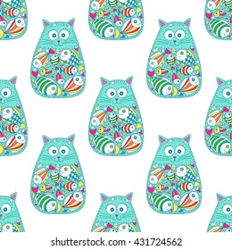 Vector seamless pattern with hand drawn cat with fish in stomach. Doodle cat for kids design. Cute kitten. Pink, yellow, green and white colors.