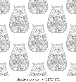 Vector seamless pattern with hand drawn cat with fish in stomach. Doodle kitten for kids design. Black and white colors. Fun cat for coloring book. Contour drawing.