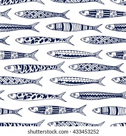 Vector seamless pattern with hand drawn sardines. Advertising, menu or packaging cool design elements.