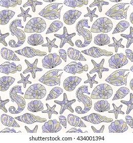 Vector seamless pattern with hand drawn fishes, shells, starfish, sea-horse. Underwater creatures ocean background. Tropical sea life design.