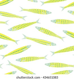 Vector seamless pattern with hand drawn sardines. Advertising, menu or packaging cool design elements.