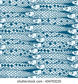 Vector seamless pattern with hand drawn sardines. Advertising, menu or packaging cool design elements.