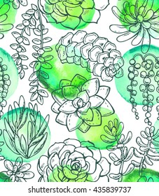 Vector seamless pattern with hand drawn succulent plants on watercolor background