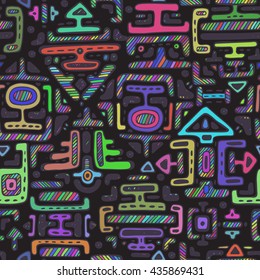 Vector seamless pattern with hand drawn neon color ornament maya on black background. Textile print, endless backdrop.
