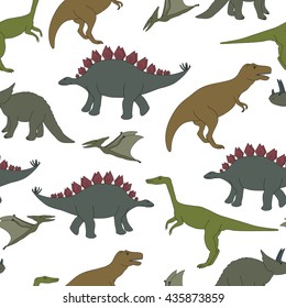 Vector seamless pattern. Hand drawn set of dinosaurs. No background