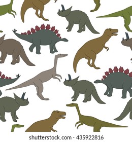 Vector seamless pattern. Hand drawn set of dinosaurs. No background