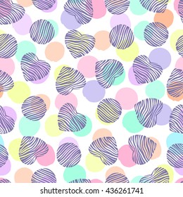 Vector seamless pattern with hand drawn elements. Hearts and circles shapes