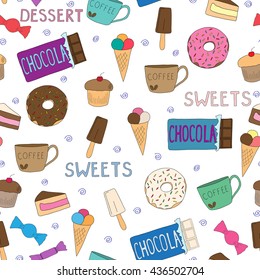 Vector seamless pattern. Hand drawn doodle set of sweets. No background