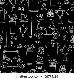 Vector seamless pattern with hand drawn symbols of golf on black color.  Pattern on the theme of hobby, game, recreation.  Background for use in design, packing, web site, fabric