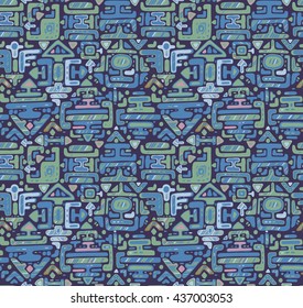 Vector seamless pattern with hand drawn color ornament maya on black background. Blue endless backdrop.