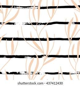 Vector seamless pattern with hand drawn stripes and plants