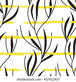 Vector seamless pattern with hand drawn stripes and plants
