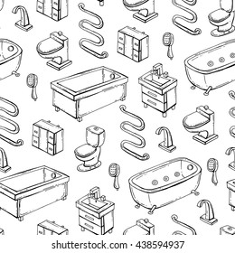 Vector seamless pattern with hand drawn isolated bathroom equipment on white color.  Pattern on the theme of interiors. Background for use in design, packing, web site, fabric