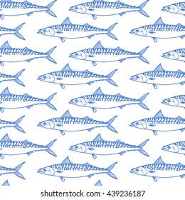 Vector seamless pattern with hand drawn mackerels. Advertising, menu or packaging cool design elements.