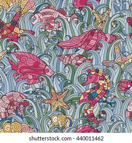 Vector seamless pattern with hand drawn fishes, starfish, shells, seaweeds and sea-horse. Underwater creatures. Ocean background. Tropical sea life design.