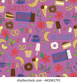 Vector seamless pattern. Hand drawn doodle set of sweets. Bodacious background