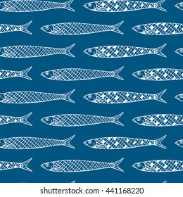 Vector seamless pattern with hand drawn sardines. Advertising, menu or packaging cool design elements.