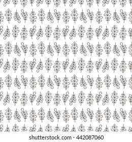 Vector seamless pattern with hand drawn branch with leaf. Doodle outline plants on white background.