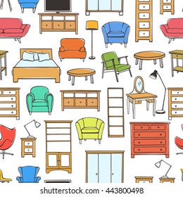 Vector seamless pattern with hand drawn furniture. Beautiful design elements, perfect for prints and pattern.