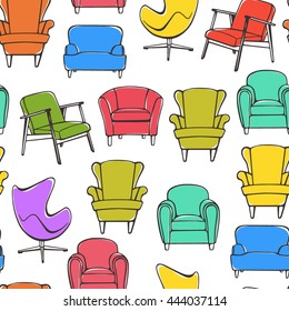 Vector seamless pattern with hand drawn accent chairs. Beautiful design elements, perfect for prints and pattern.