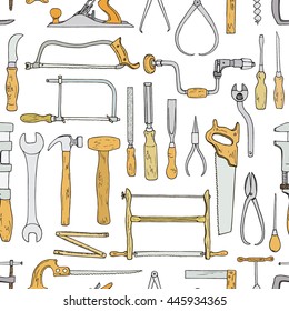 Vector seamless pattern with hand drawn common hand tools used by carpenters. Beautiful design elements, perfect for any industry related to the woodworking.
