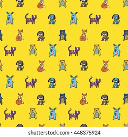 Vector seamless pattern with hand drawn lovely animals: dog, cat, bear, fox and hare. Could be used as textile print, cover, creating card or web-design.