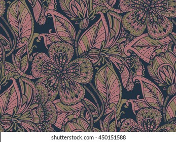 Vector seamless pattern with hand drawn color fancy flowers on dark background