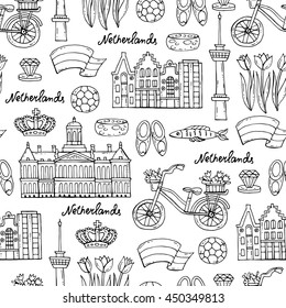 Vector seamless pattern with hand drawn symbols of Netherlands on white color. Pattern on the theme of travel and tourism. Background for use in design, packing, web site, fabric