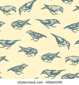 Vector seamless pattern with hand drawn eating city birds. Beautiful chalk drawing, perfect for prints and patterns