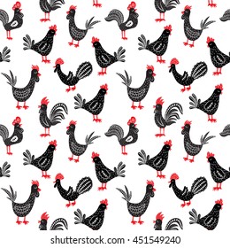 vector seamless pattern, hand drawn roosters on isolated background