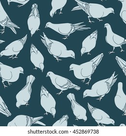Vector seamless pattern with hand drawn eating pigeons. Beautiful ink drawing, perfect for prints and patterns