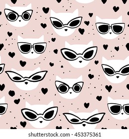 Vector seamless pattern with hand drawn doodle fashion cats in glasses. Good for fabric print design.