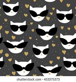 Vector seamless pattern with hand drawn doodle fashion cats in glasses. Good for fabric print design.