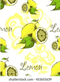 Vector seamless pattern with hand drawn lemons and leaves. Vintage citrus background isolated on white.