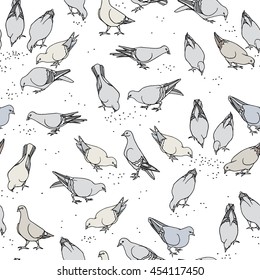 Vector seamless pattern with hand drawn eating pigeons. Beautiful ink drawing, perfect for prints and patterns