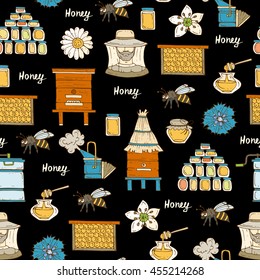 Vector seamless pattern with hand drawn colored symbols of beekeeping on black color. Pattern on the theme of honey and bees. Background for use in design, packing, web site, fabric
