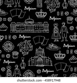 Vector seamless pattern with hand drawn symbols of Belgium on black color. Pattern on the theme of travel and tourism. Background for use in design, packing, web site, fabric