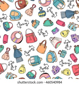 Vector seamless pattern with hand drawn colored handbags for women. Pattern on the theme of fashion. Background for use in design, packing, web site, fabric