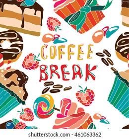 Vector seamless pattern. Hand drawn cupcakes, cheesecakes, candies, coffee, raspberries, donuts.