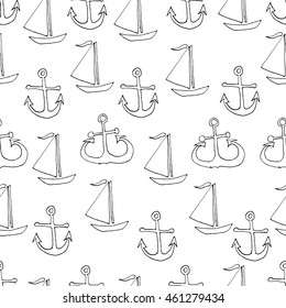 Vector seamless pattern. Hand drawn anchor, yacht.