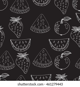 Vector seamless pattern. Hand drawn watermelon, apples, strawberries.