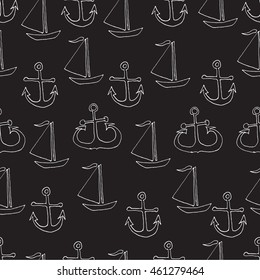Vector seamless pattern. Hand drawn anchor and yacth.